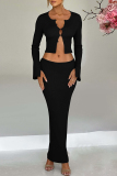 White Elegant Solid Color Buckle Patchwork O Neck Long Sleeve Two Pieces