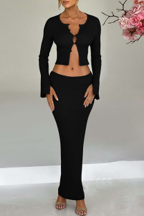 Black Elegant Solid Color Buckle Patchwork O Neck Long Sleeve Two Pieces