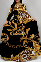 Black Gold Casual Print Patchwork Strap Design O Neck Long Dresses