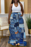 Dark Blue Casual Faux Denim Print Basic Regular High Waist Wide Leg Full Print Trousers