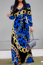 Blue Casual Leopard Print Patchwork V Neck Long Dresses