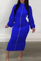 Blue Casual Solid Color Patchwork Zipper Zipper Collar Long Dresses