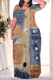 Multicolor Casual Street Faux Denim Print O Neck Printed Plus Size Dresses