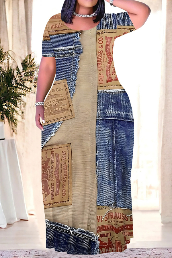 Blue Coffee Casual Street Faux Denim Print O Neck Printed Plus Size Dresses