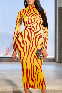 Yellow Elegant Print Patchwork O Neck Long Dresses