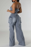Blue Street Solid Color Ripped Pocket Buckle Patchwork Strapless Sleeveless Loose Denim Jumpsuits