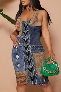 Dark Blue Sexy Street Faux Denim Print Contrast U Neck Printed Dresses