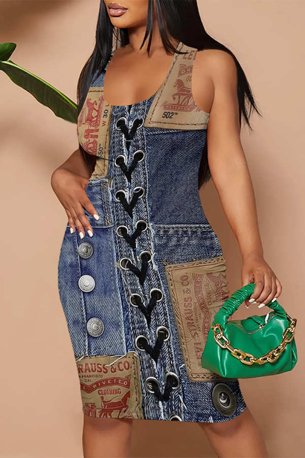 Dark Blue Sexy Street Faux Denim Print Contrast U Neck Printed Dresses
