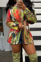 Multi-color Casual Print Buttons Patchwork Turn-back Collar Outerwear