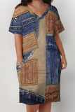 Multicolor Casual Street Faux Denim Print Pocket Contrast V Neck Printed Plus Size Dresses