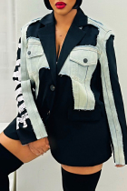 Black Casual Letter Print Patchwork Turndown Collar Outerwear