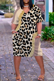 Pink Casual Leopard Print Basic V Neck Short Sleeve Plus Size Dresses