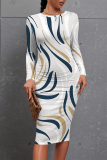Green Elegant Plaid Floral Print Contrast O Neck Printed Dresses