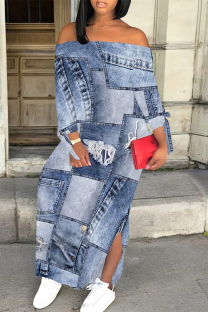 Baby Blue Sexy Street Faux Denim Print Lace Up Slit Off Shoulder Printed Dresses