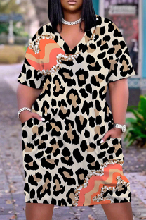 Orange Casual Leopard Print Basic V Neck Short Sleeve Plus Size Dresses