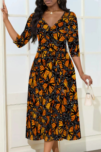Orange Street Elegant Floral Print Chain print Pocket Lace Up Contrast V Neck Printed Dresses