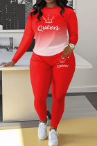 Red Casual Letters Patchwork O Neck Long Sleeve Two Pieces