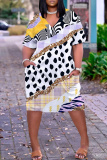 Pink Casual Leopard Print Basic V Neck Short Sleeve Plus Size Dresses
