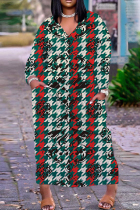 Red Green Casual Print Basic V Neck Long Plus Size Dresses