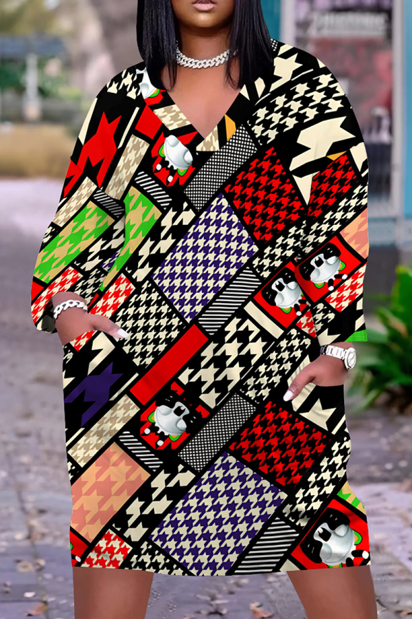 Multicolor Casual Print Pocket Patchwork V Neck Straight Plus Size Dresses