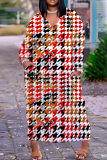 White Blue Casual Print Basic V Neck Long Plus Size Dresses