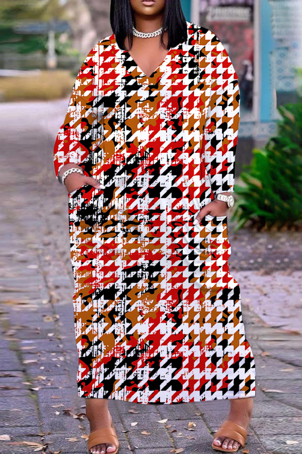 White Red Casual Print Basic V Neck Long Plus Size Dresses