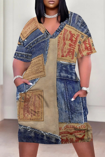 Blue Coffee Casual Street Faux Denim Print Pocket Contrast V Neck Printed Plus Size Dresses