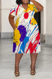 Black Casual Daily Plaid Floral Print Splashed ink printing Pocket Contrast V Neck Printed Plus Size Dresses