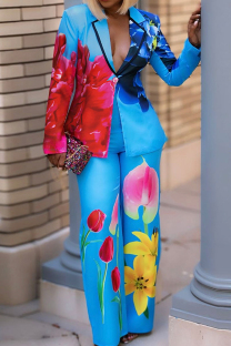 Blue Street Print Buckle Patchwork Turn-back Collar Long Sleeve Two Pieces
