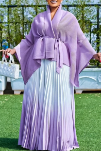 Light Purple Street Gradient Color Patchwork Strap Design Pleated Cardigan Collar Long Sleeve Two Pieces