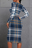 Green Elegant Plaid Floral Print Contrast O Neck Printed Dresses