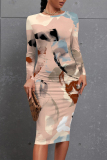 Green Elegant Plaid Floral Print Contrast O Neck Printed Dresses