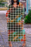 White Blue Casual Print Basic V Neck Long Plus Size Dresses