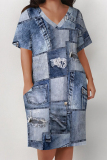 Multicolor Casual Street Faux Denim Print Pocket Contrast V Neck Printed Plus Size Dresses
