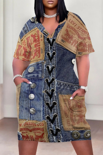 Dark Blue Casual Street Faux Denim Print Pocket Contrast V Neck Printed Plus Size Dresses