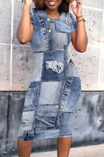 Baby Blue Casual Street Faux Denim Print Contrast Printed Short Sleeve Dress