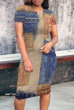Baby Blue Casual Street Faux Denim Print Contrast Printed Short Sleeve Dress