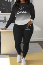 Black Casual Letters Patchwork O Neck Long Sleeve Two Pieces