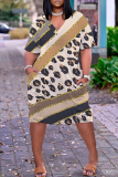 Pink Casual Leopard Print Basic V Neck Short Sleeve Plus Size Dresses