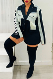 Black Casual Letter Print Patchwork Turndown Collar Outerwear