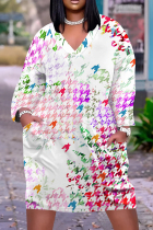 White Purple Casual Print Pocket Patchwork V Neck Straight Plus Size Dresses