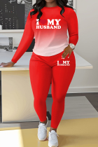 Red Casual Letters Patchwork O Neck Long Sleeve Two Pieces
