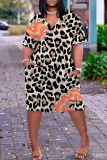 Pink Casual Leopard Print Basic V Neck Short Sleeve Plus Size Dresses