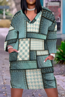 White Cyan Casual Print Pocket Patchwork V Neck Straight Plus Size Dresses