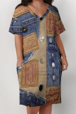 Multicolor Casual Street Faux Denim Print Pocket Contrast V Neck Printed Plus Size Dresses
