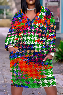 Red Green Casual Print Pocket Patchwork V Neck Straight Plus Size Dresses