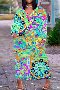 Green Casual Print Basic V Neck Long Plus Size Dresses