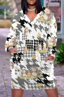 White Grey Casual Print Pocket Patchwork V Neck Straight Plus Size Dresses