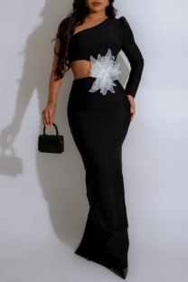 Black Sexy Formal Patchwork Flowers Backless Slit Oblique Collar Long Dresses