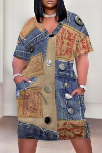Multicolor Casual Street Faux Denim Print Pocket Contrast V Neck Printed Plus Size Dresses